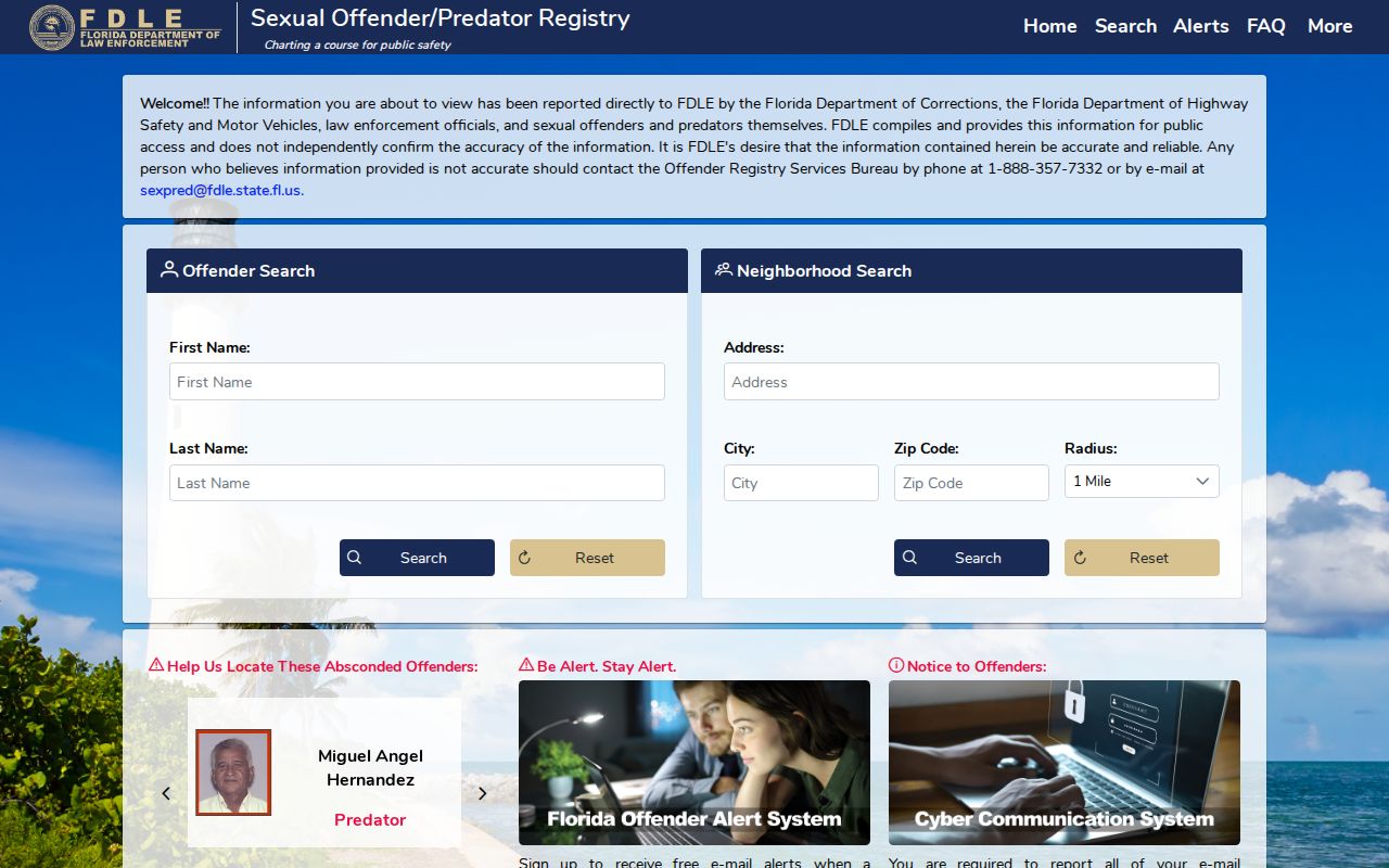 FDLE offender registry neighborhood search for an Orlando address