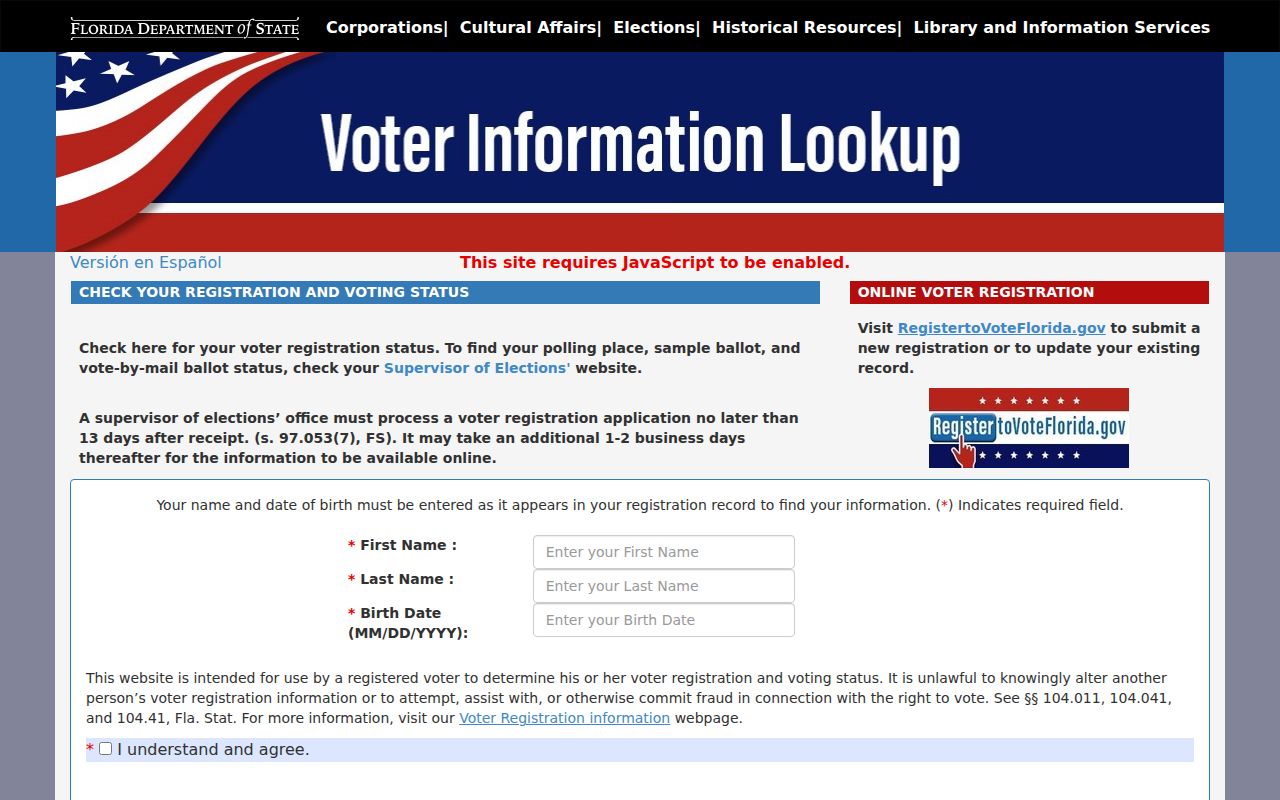 Florida voter status lookup used to confirm voter information near an Orlando block