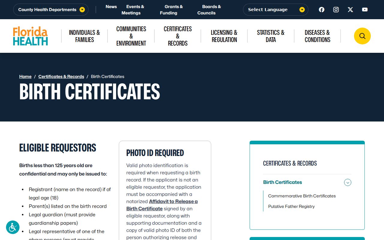 Florida birth certificate eligibility page for Orlando family research