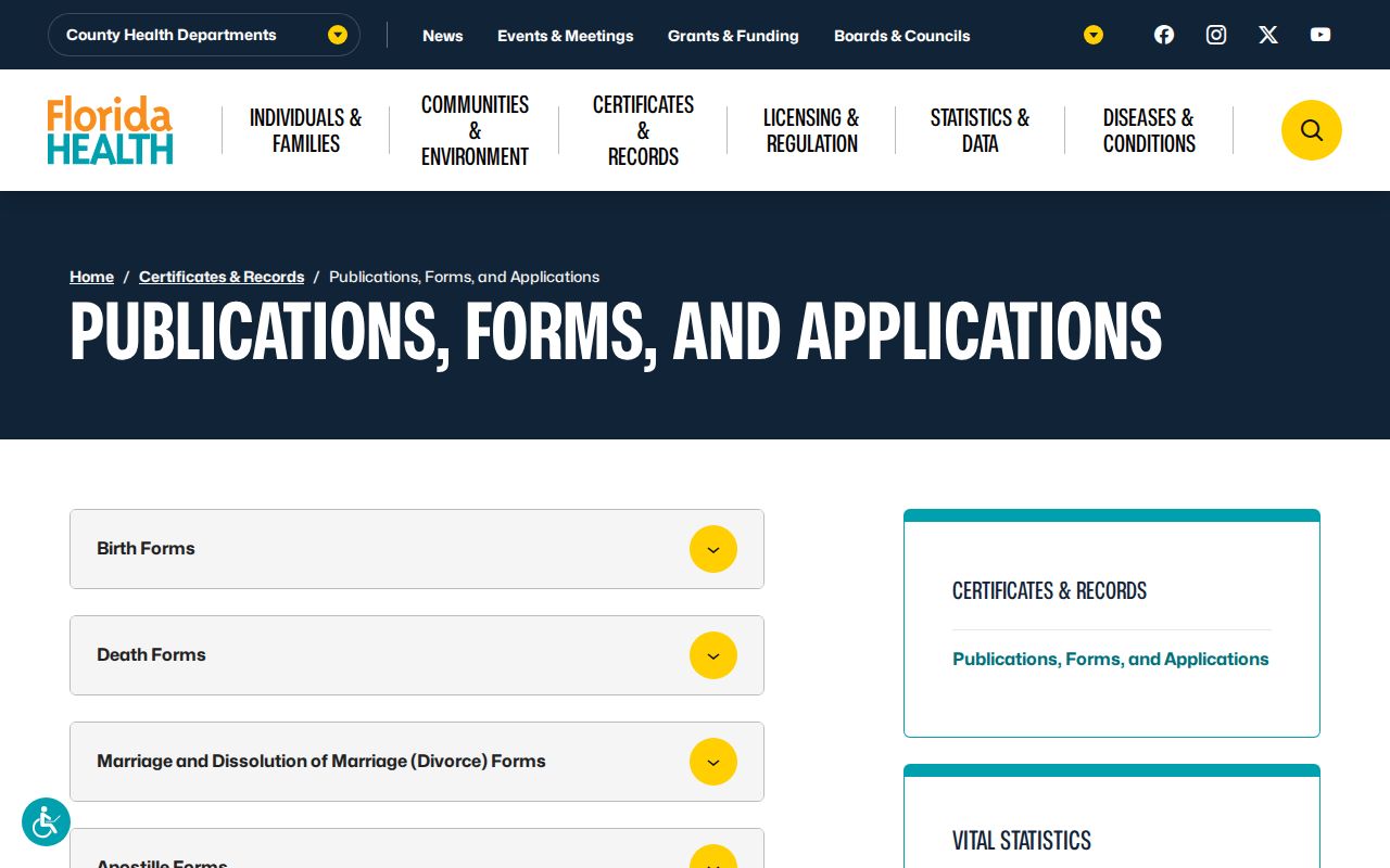 Florida vital records forms and applications for Orlando residents