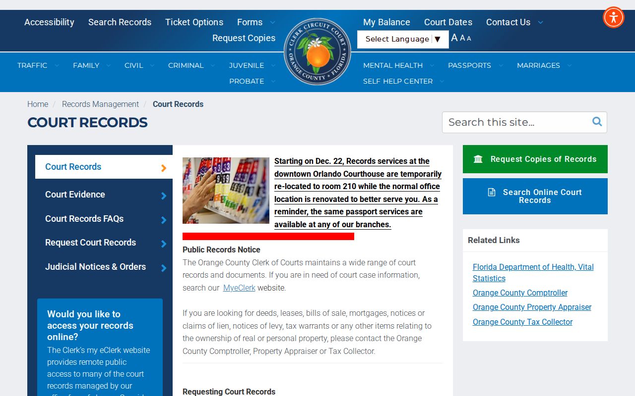 Orange County Clerk court records request page for an Orlando name search